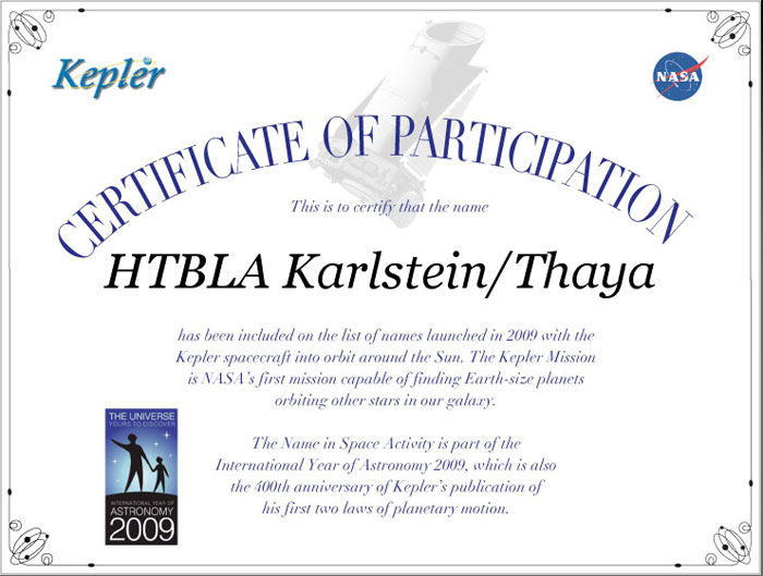 Zertifikat Mission Kepler