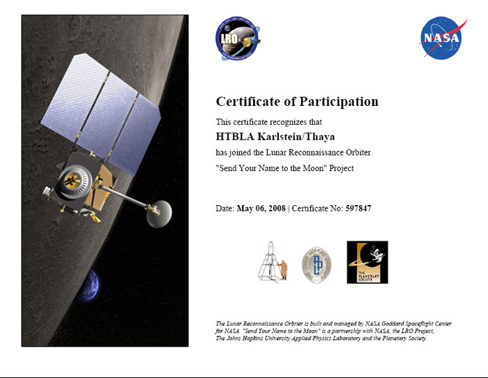 Zertifikat Mission Lunar Reconnaissance Orbiter