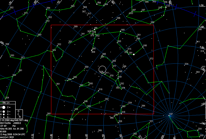 Das Aufnahmefeld der Kamera am Osthimmel am 11./12. August 2008