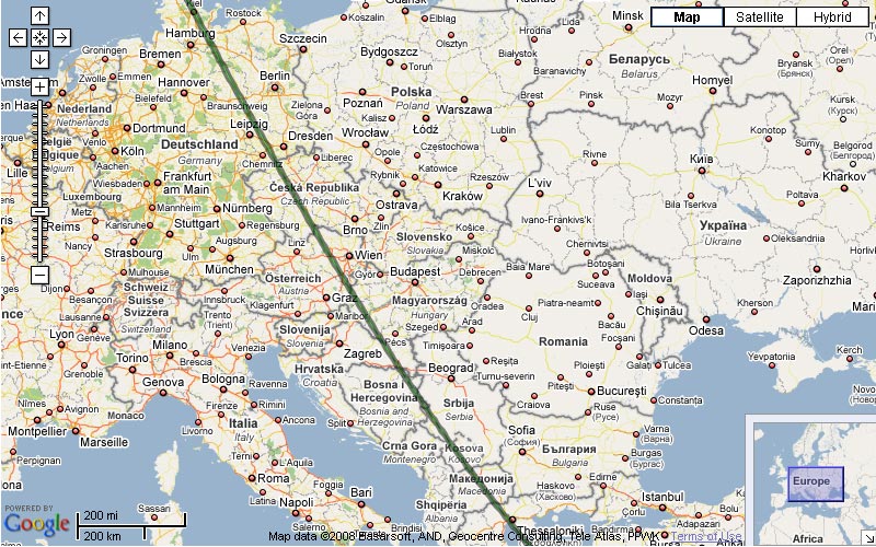 Occultation path in Europe
