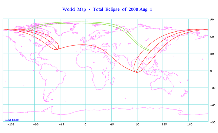 The path of the solar eclipse on 2008-08-01
