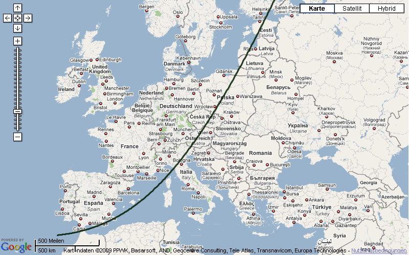 Occultation path in Europe