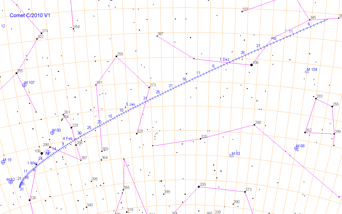 Bahnverlauf Komet C/2010 V1 (Ikeya-Murakami) am Sternenhimmel