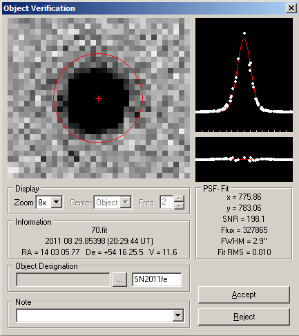 Supernova SN2011fe Messung von Position und Helligkeit