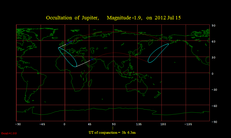 Visibilty of the occultation on July 15, 2012