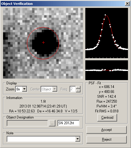 Supernova SN2012ht Messung von Position und Helligkeit